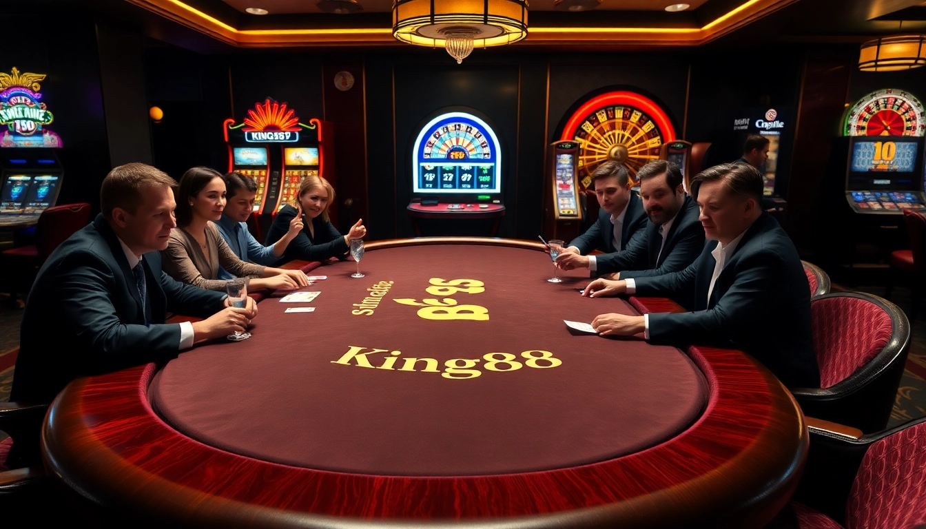 king88 branded poker table with players engaged in thrilling card action