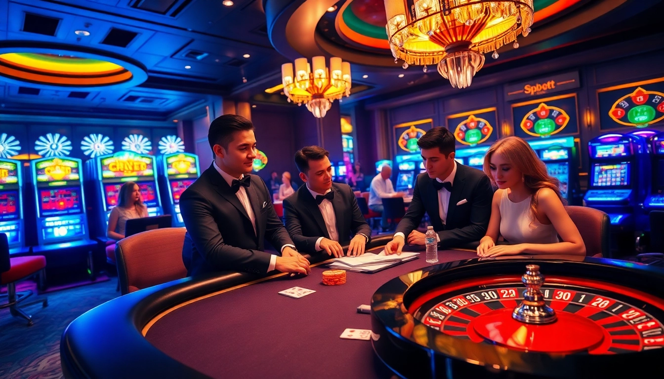 SBOBET players enjoying high-stakes betting at a luxurious poker table in a vibrant casino.