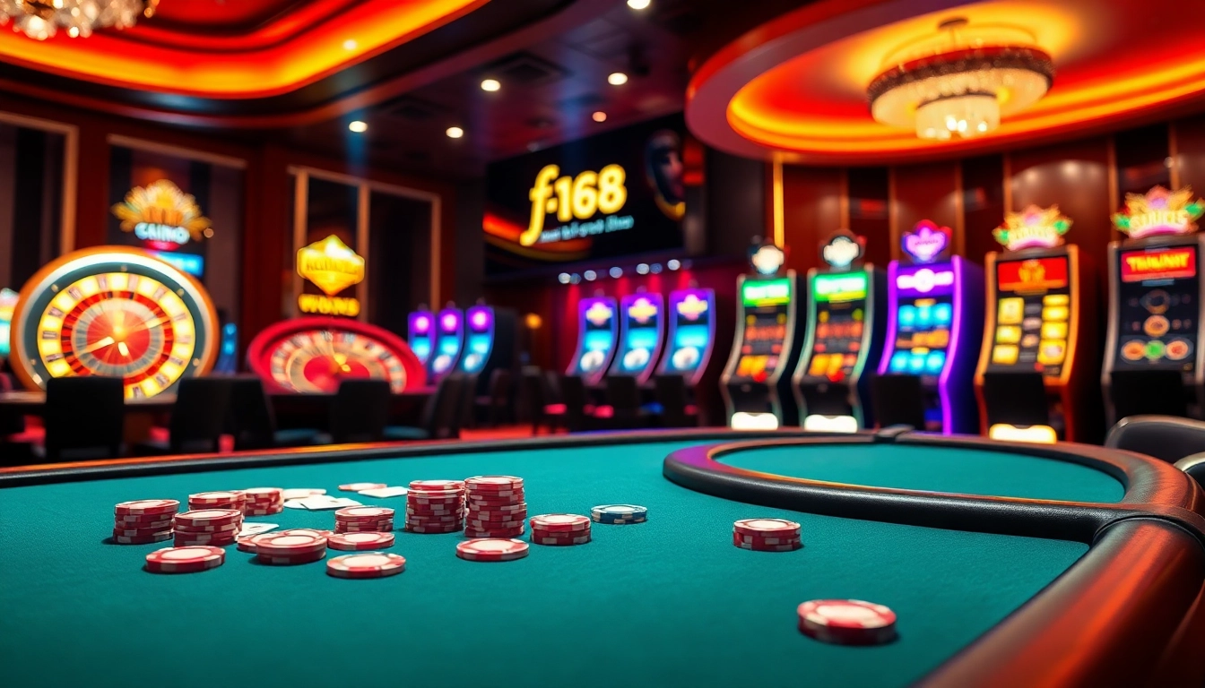 Exciting gaming action at trang chủ f168 with poker chips and a spinning roulette wheel