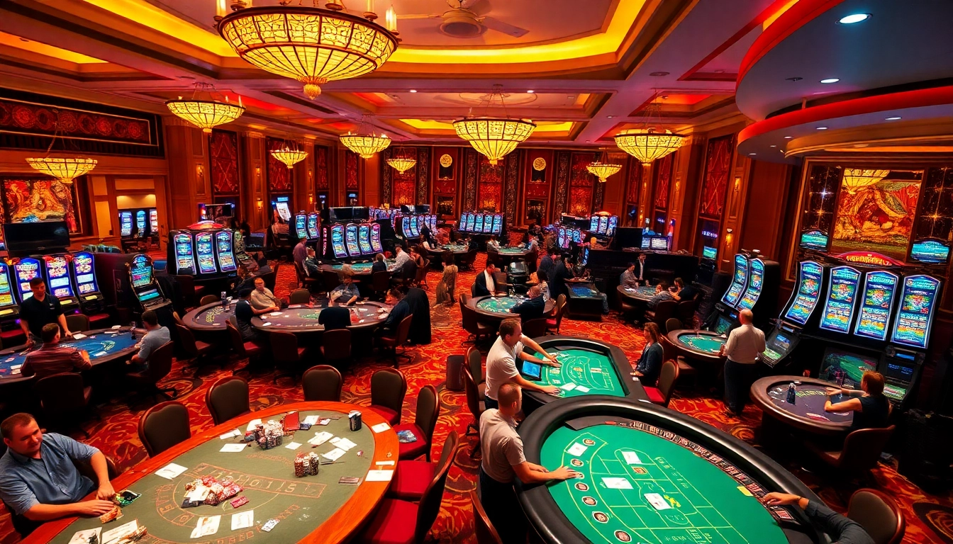 Players enjoying engaging games at a casino featuring Nohu themed elements, with vibrant lights and luxury decor.