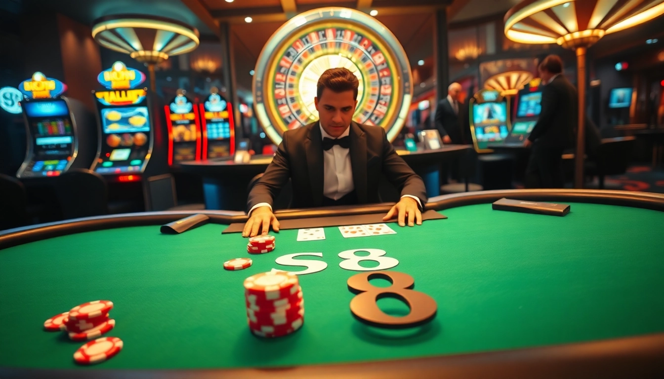 Experience thrilling gameplay at S8 with a vibrant casino scene featuring blackjack and slots.