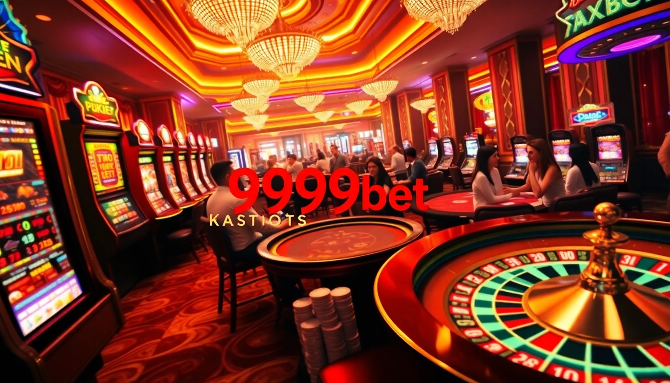 Exciting casino gaming atmosphere showcasing 999bet slot machines and poker tables filled with players.