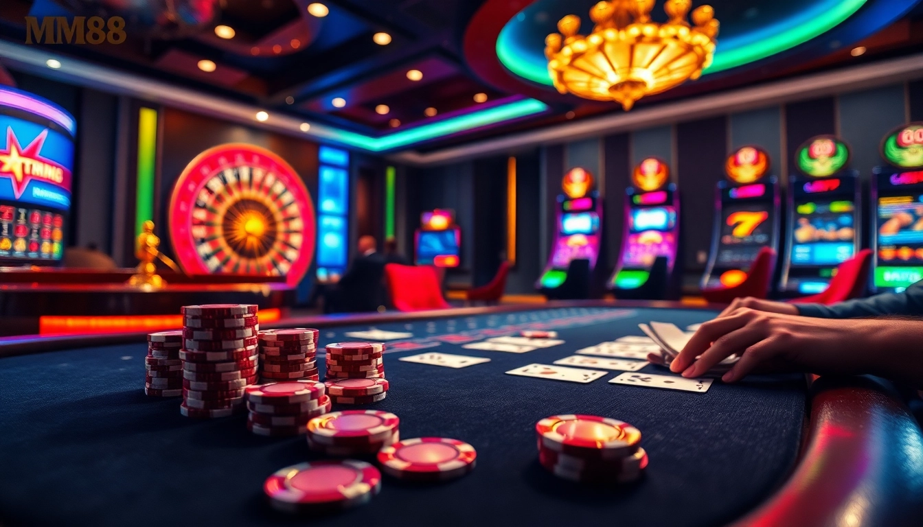 Experience the thrill of gambling with Trang chủ MM88's luxurious casino atmosphere featuring poker tables and slots.