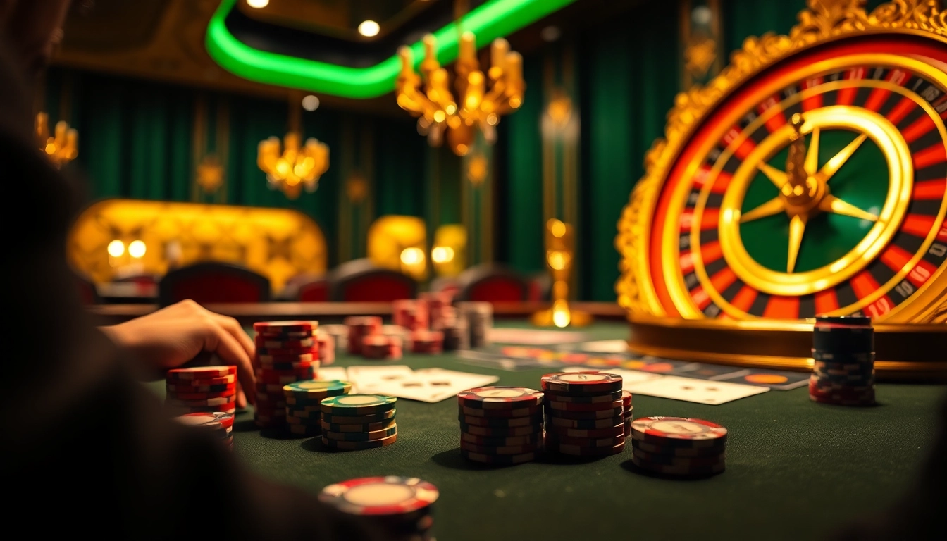 Engage with thrilling casino gameplay at Neo79 featuring poker chips and cards on a luxurious table.