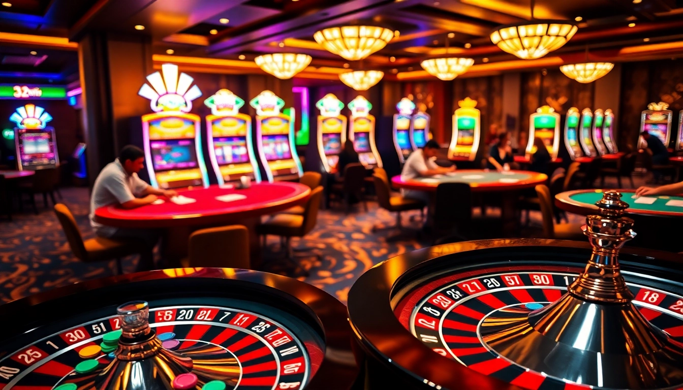 Experience the thrill of 32win in a vibrant casino scene with roulette, poker tables, and slot machines.
