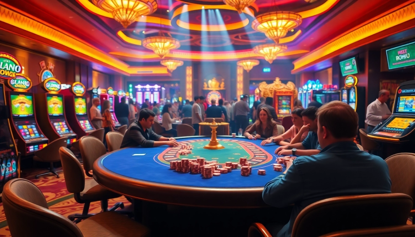 Nohu-themed casino night featuring vibrant poker and roulette tables surrounded by excitement.