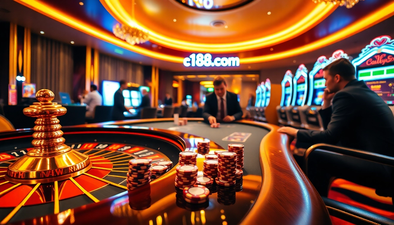 A vibrant casino gaming atmosphere showcasing c168b com with poker tables and roulette wheels.