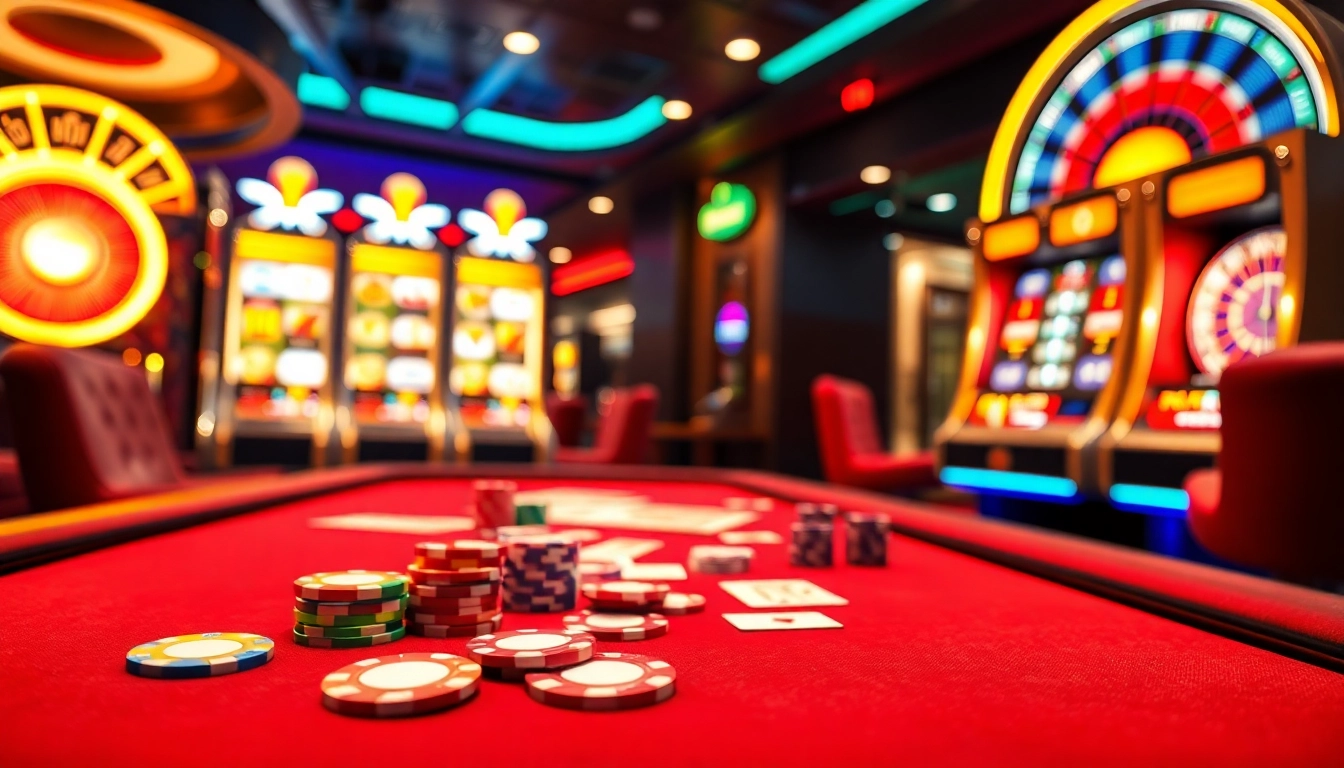 A visually stunning casino scene showcasing the OK365 link with vivid poker action and dynamic slot machines.