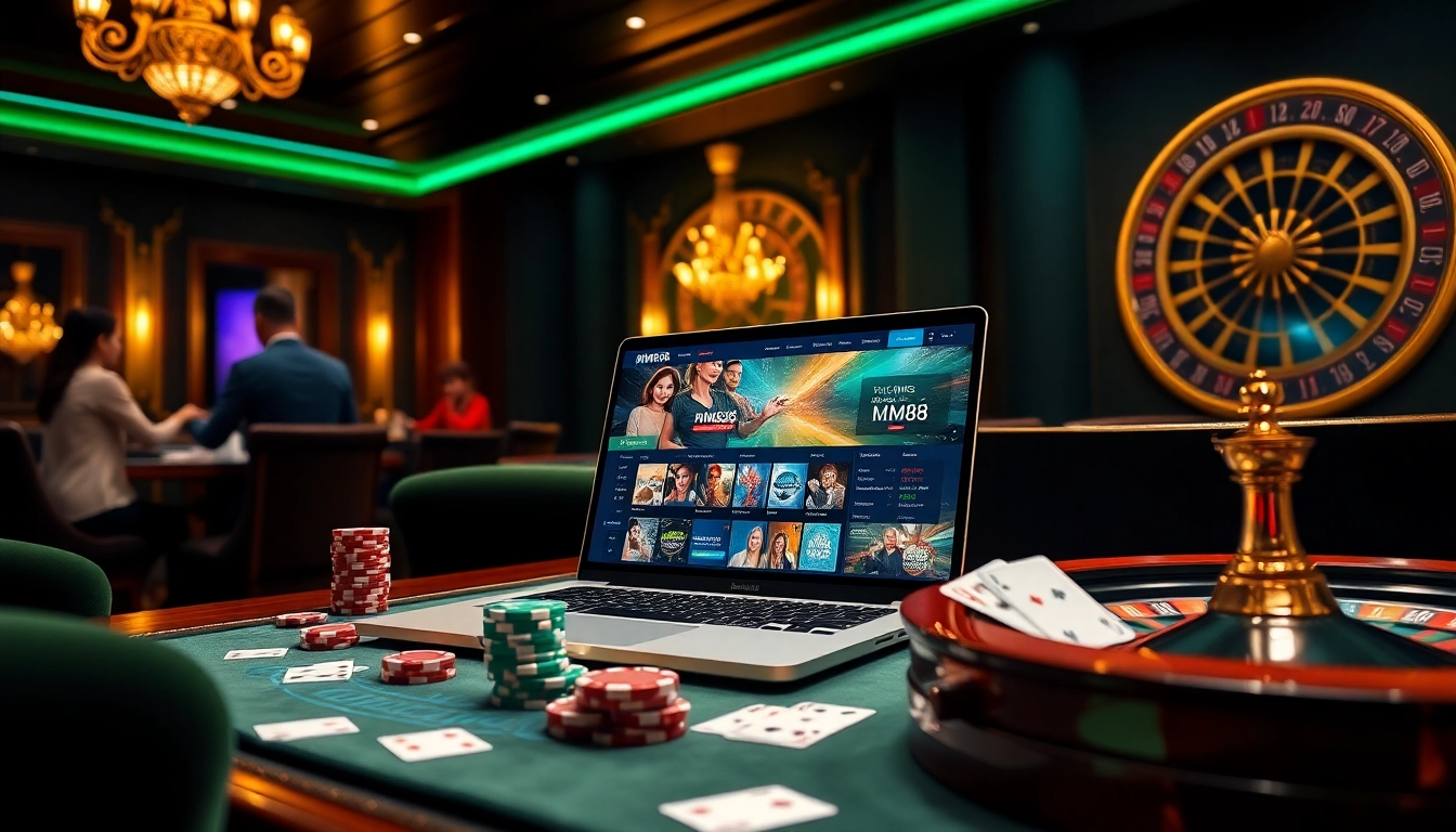Experience thrilling online gambling at MM88 with an engaging casino scene featuring poker chips and cards.