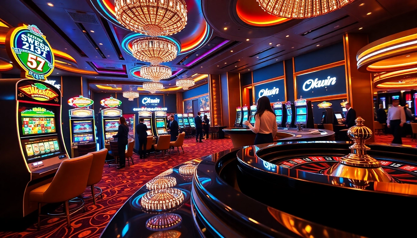 Players enjoying various casino games at Okwin, surrounded by vibrant slot machines and lively ambiance.