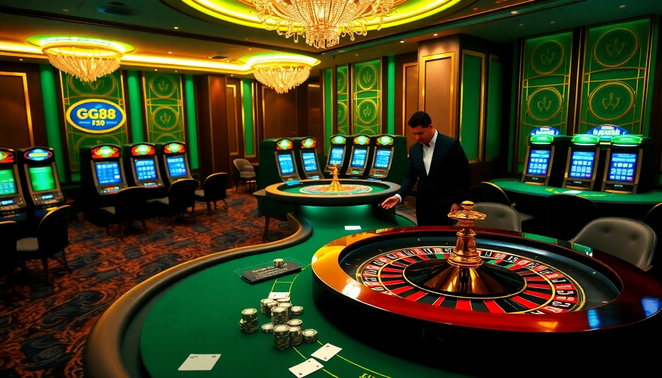 Experience GG88 gaming with an elegant casino scene featuring roulette and poker.