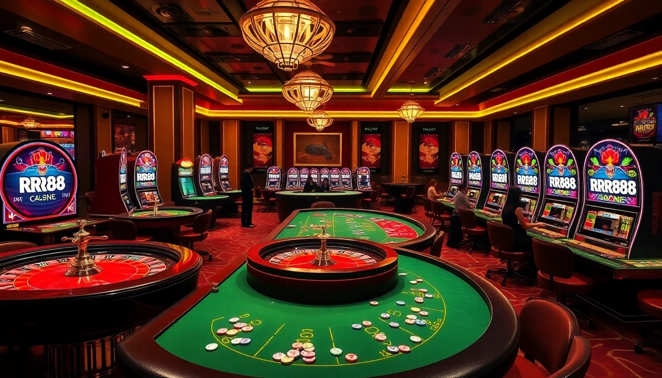 RR88 casino scene showcasing roulette and poker games with vibrant ambiance.
