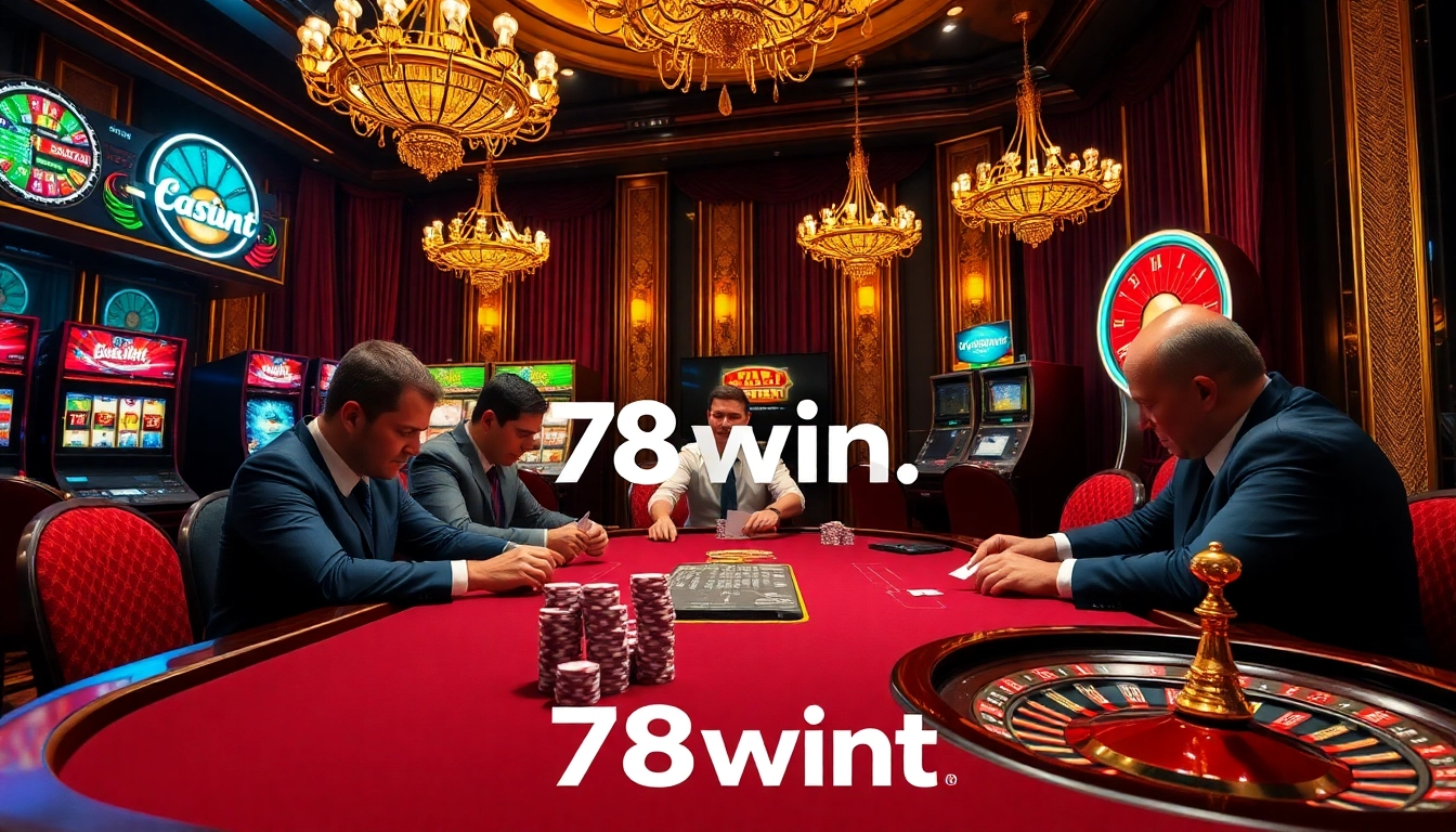 Competitive players strategize at a poker table in a luxurious casino with 78wint branding.