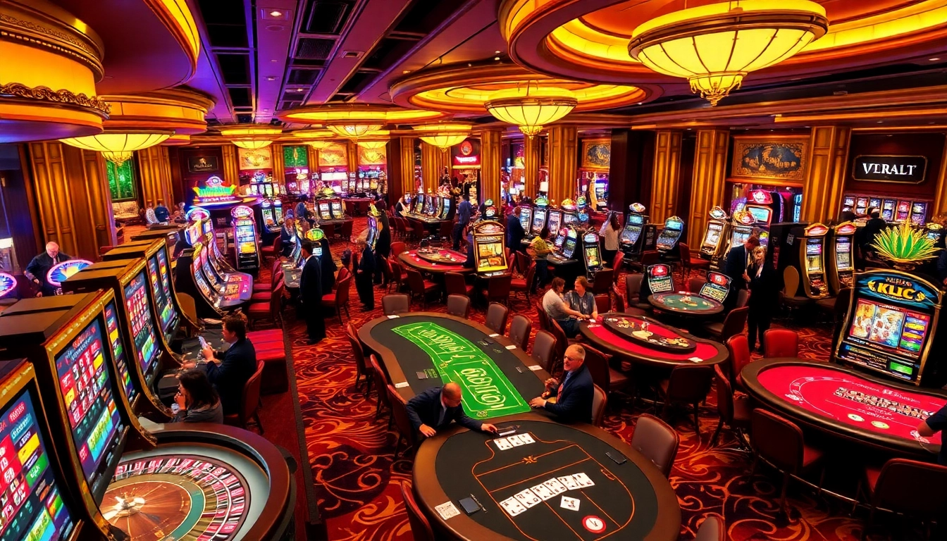 KJC players enjoying a thrilling gambling experience at a vibrant casino with roulette and slot machines.