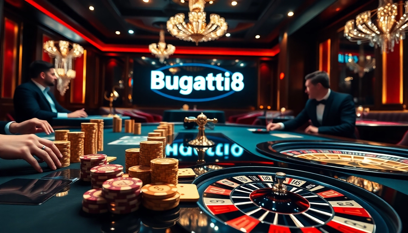 Experience the thrill of Bugatti8 with vibrant casino games, poker chips, and excitement.