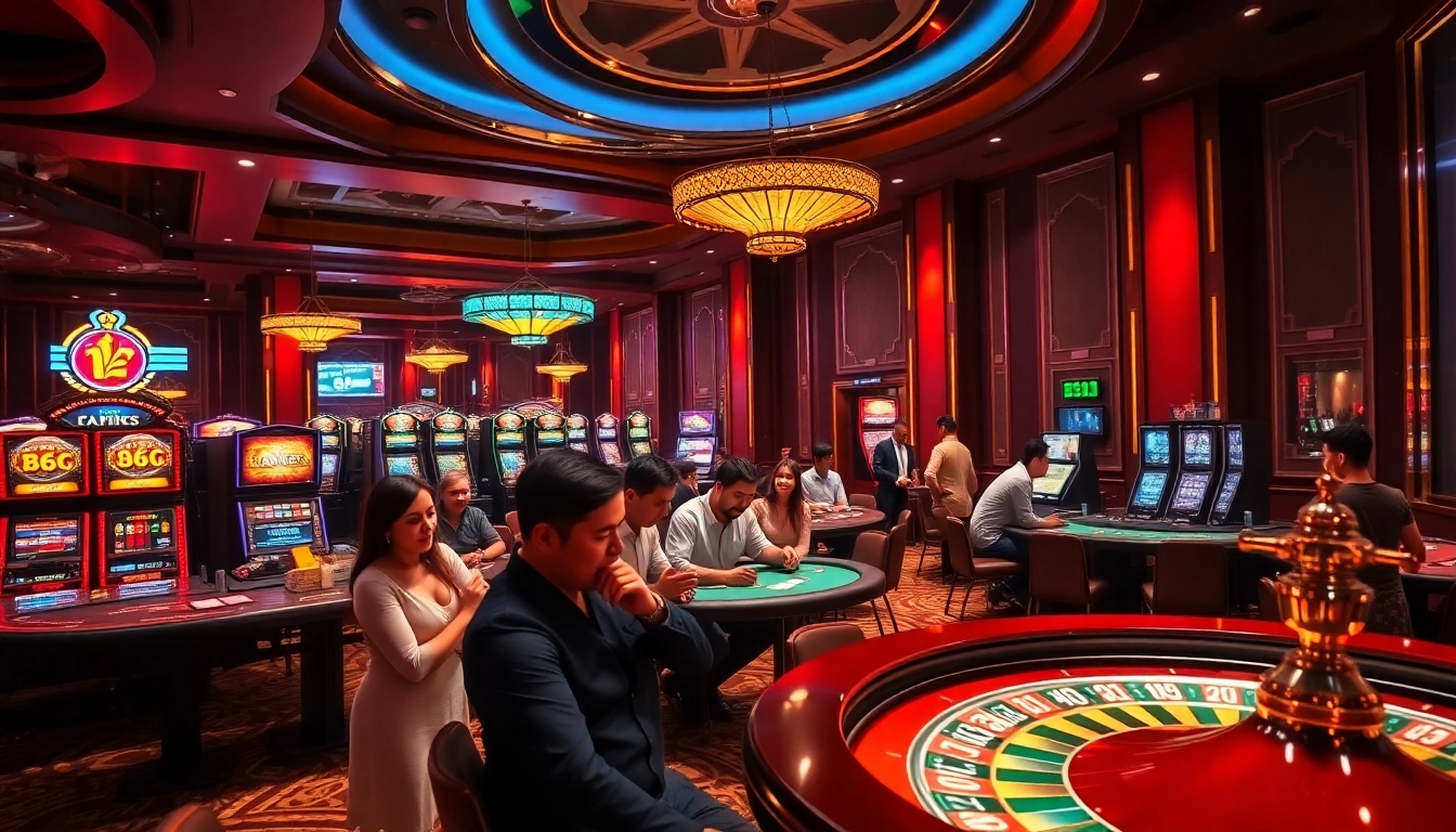 Thrilling casino action at https://fb88b.net/ with players engaging in poker and slot machines.