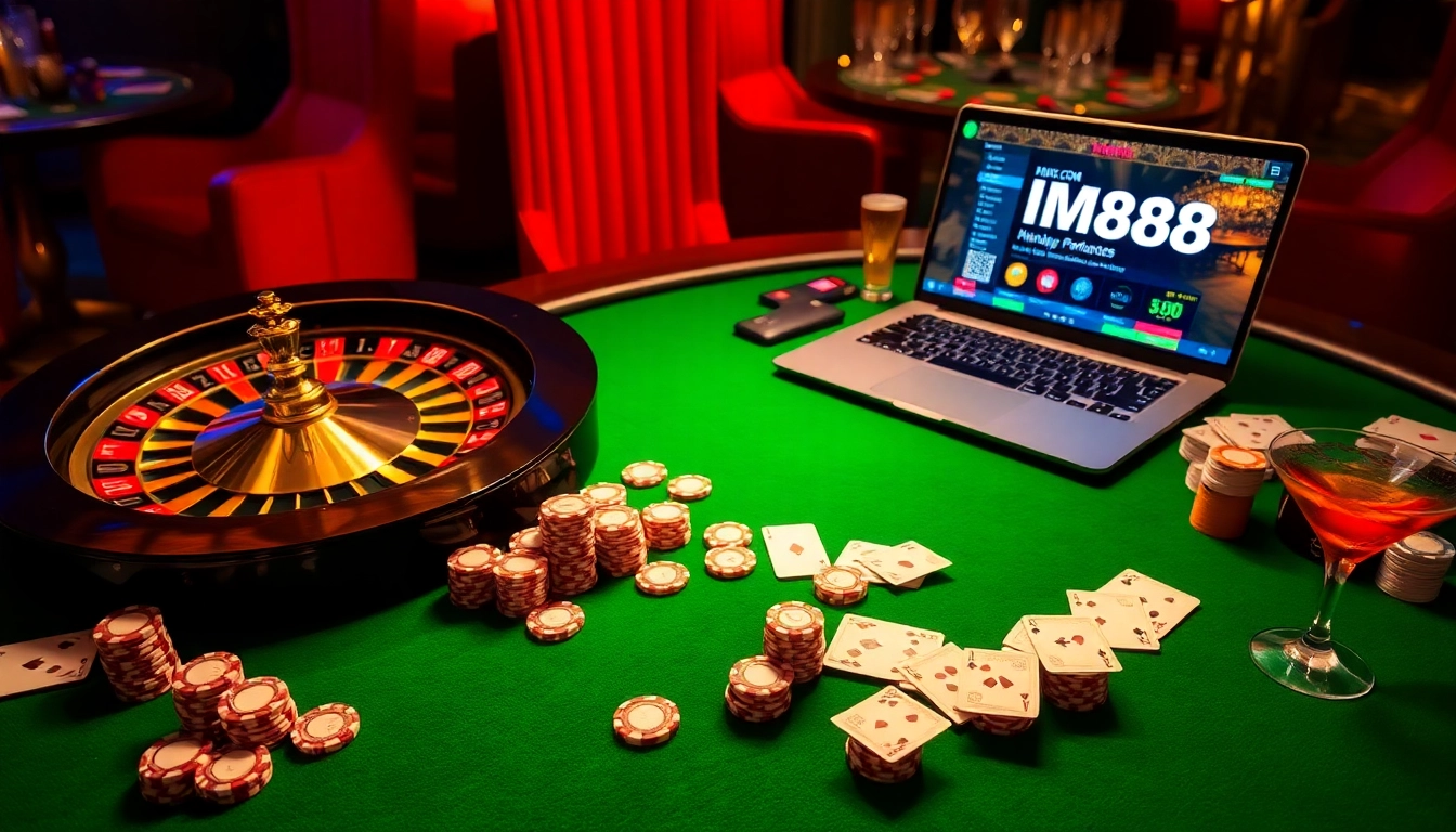 Gamblers enjoying an immersive experience with MM88 COM at a luxurious casino table featuring roulette and poker elements.