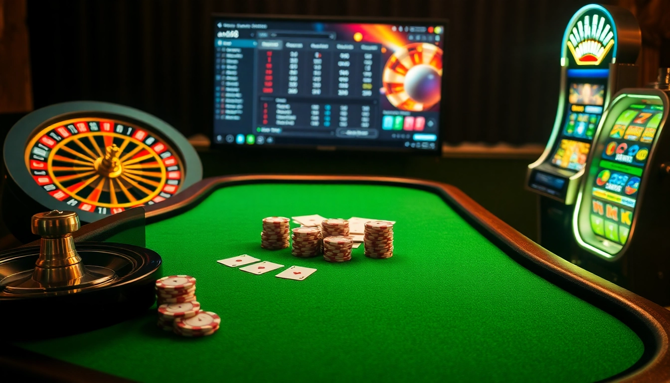 A vibrant casino scene showcasing poker chips and cards at https://abc8.lol/ with an exciting roulette wheel and slot machine.