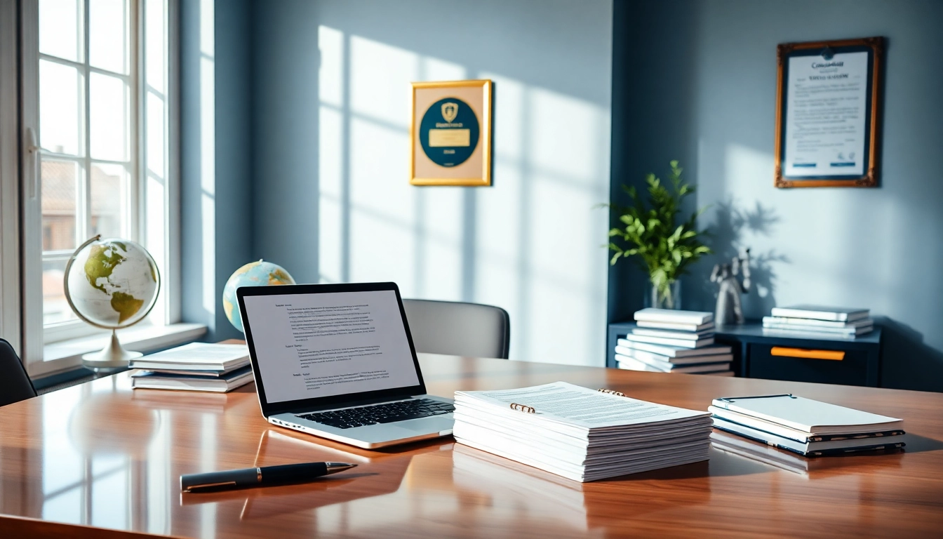 Espace de travail professionnel d'un traducteur assermenté à Lille présentant des outils de traduction et des documents.