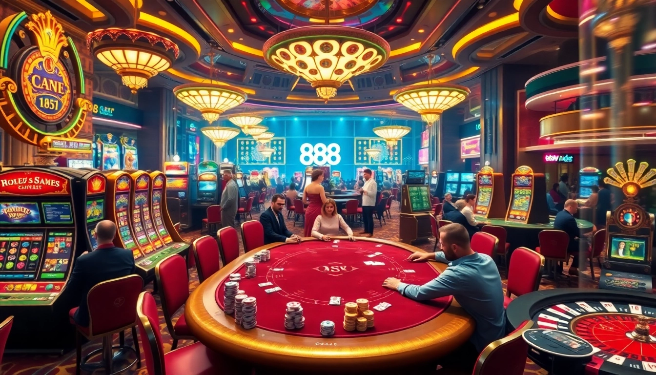 Experience the thrill of 888b gaming at a luxurious casino with poker tables and vibrant slot machines.