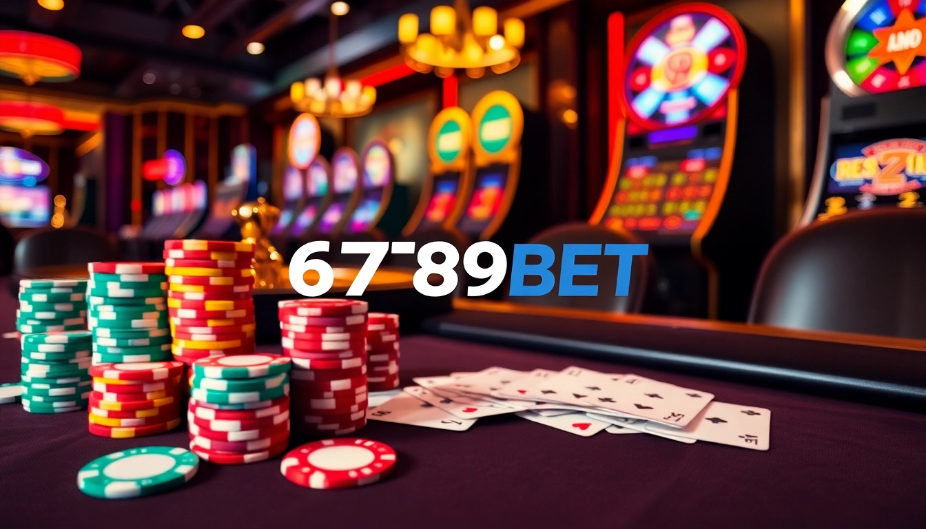 Experience the excitement of 6789BET with vibrant casino elements highlighting poker chips, cards, and a roulette wheel.