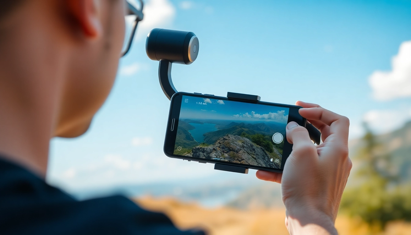 Smartphone gimbal stabilizing a smartphone for smooth video filming outdoors, emphasizing the keyword スマホジンバル.