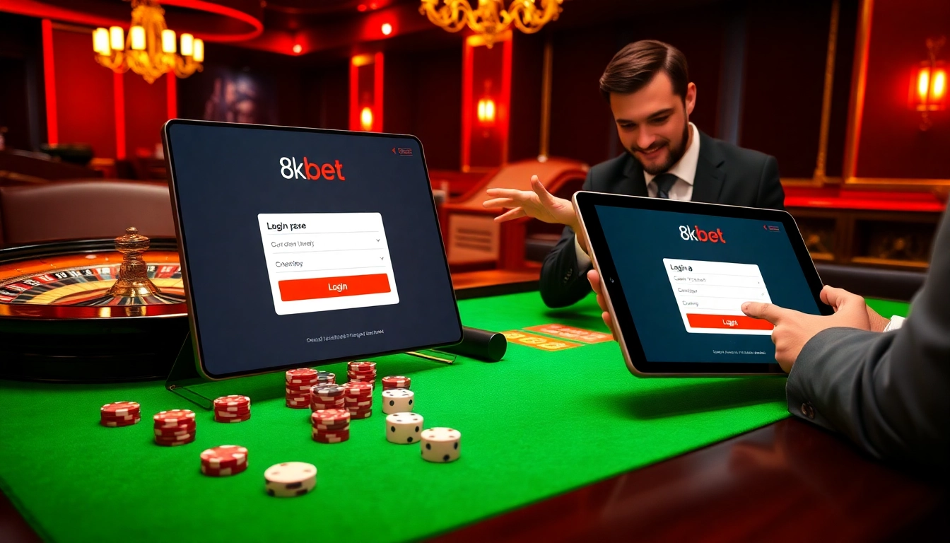 Engaging in đăng nhập 8kbet on a sleek online gambling interface with poker chips and roulette.