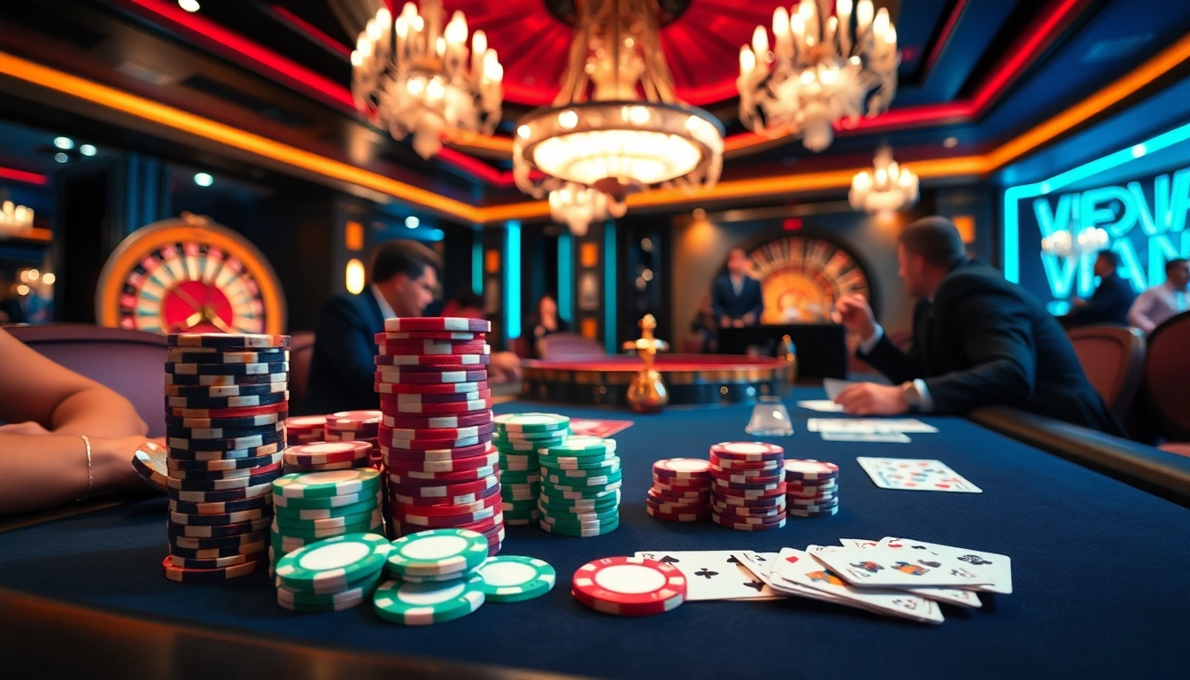 Exciting poker action at RIKVIP showcasing high-stakes gameplay, vibrant chips, and professional atmosphere.