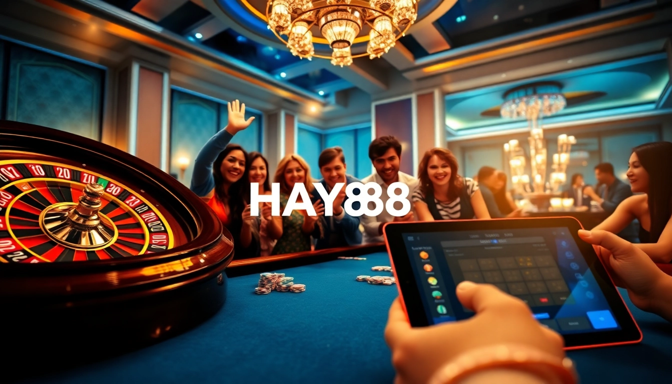Excited players winning at HAY88 casino with vibrant poker chips and roulette wheel.