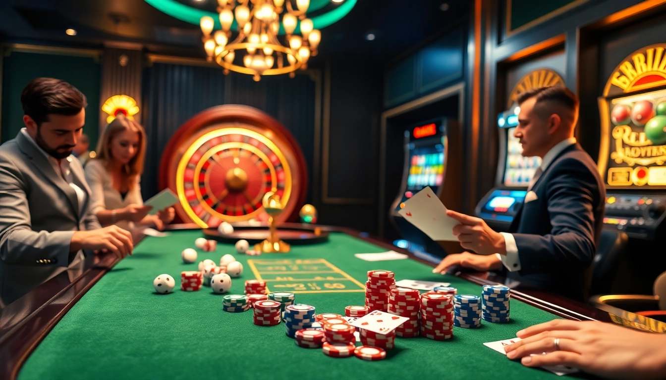 Players enjoying a thrilling game at https://lucky88com.me/ with vibrant cards, chips, and lively atmosphere.