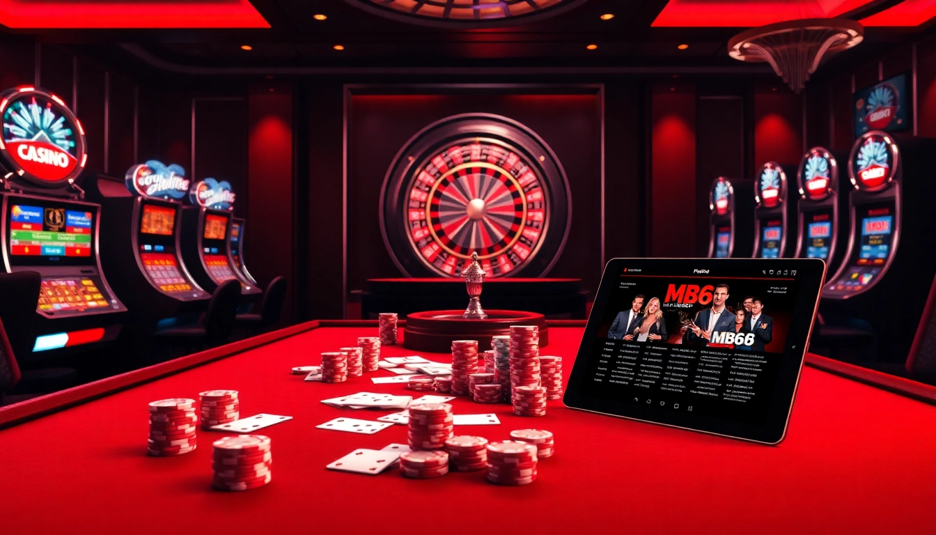 Experience the exhilarating world of MB66 with poker chips, cards, and a roulette wheel in a luxurious casino setting.