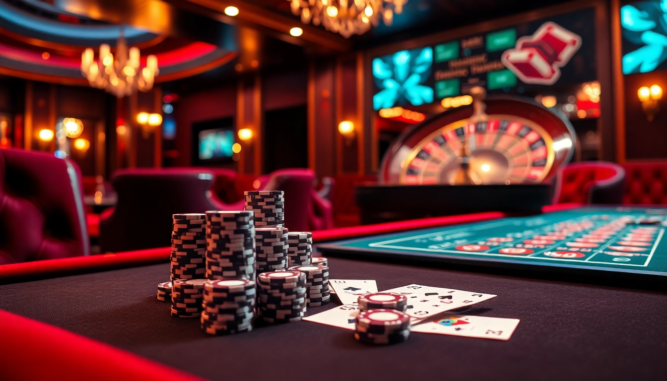 Experience the thrill of high-stakes gaming at HM88 with a luxurious casino table setup, featuring poker chips and cards.