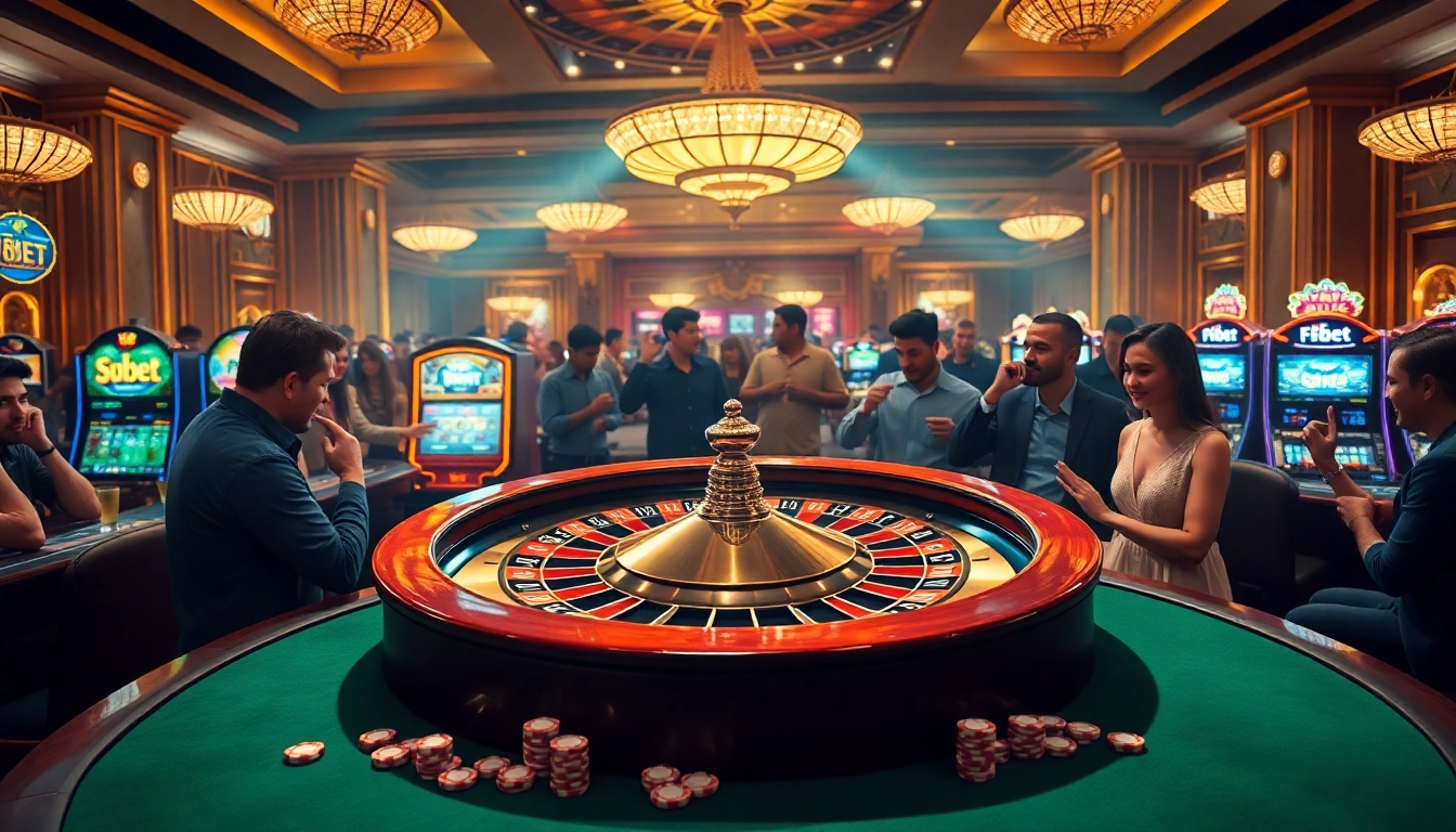 F8bet roulette wheel surrounded by excited players in a luxurious casino setting.
