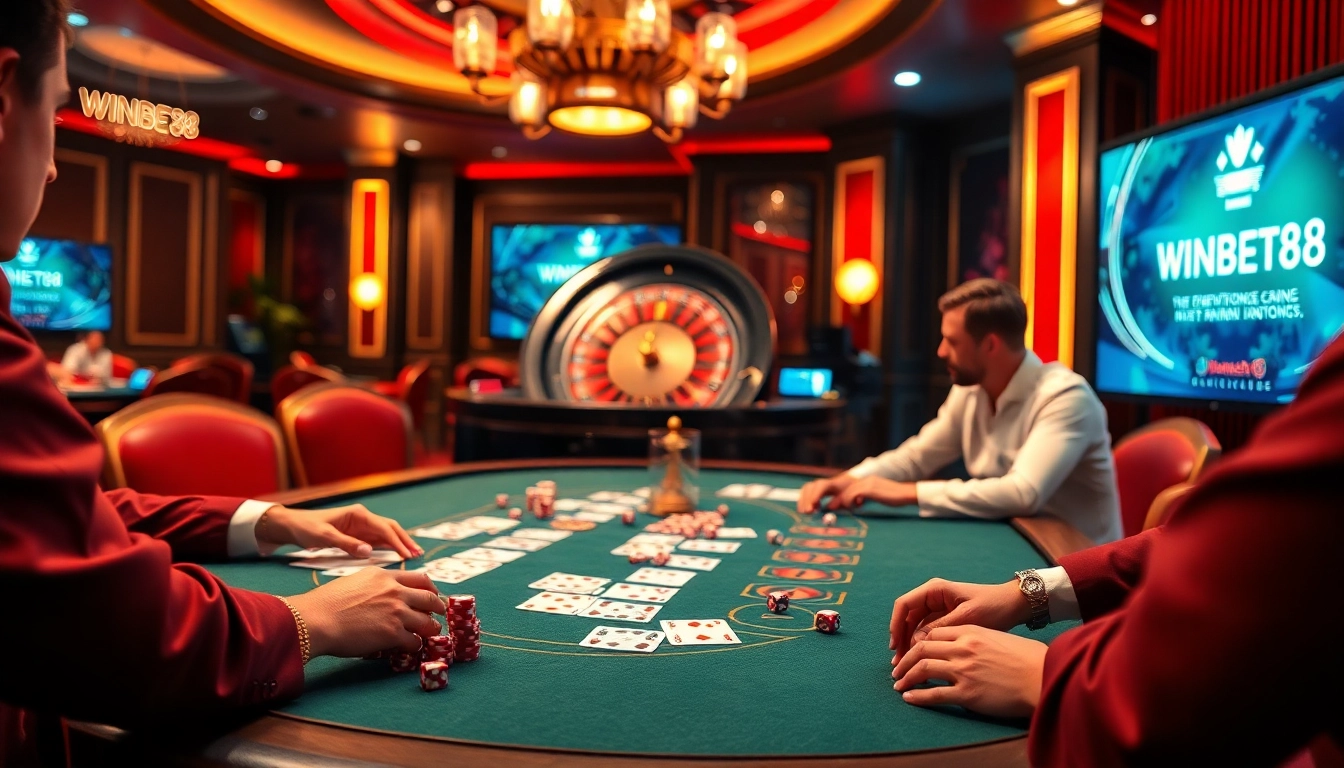 Exciting poker game scene featuring WINBET88 with vibrant chips and illuminated cards.
