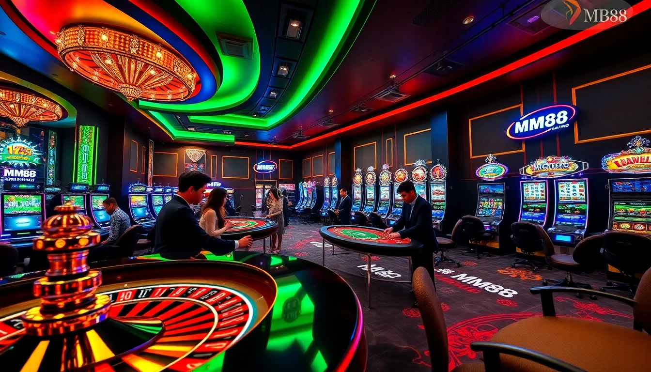 Experience the excitement of casino action at MM88 with engaged players and stunning gaming tables.