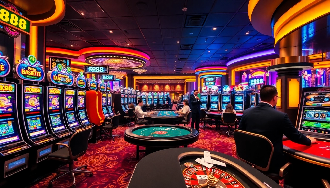 Play exciting games at RR88, featuring vibrant slot machines and professional dealers in a lively casino atmosphere.