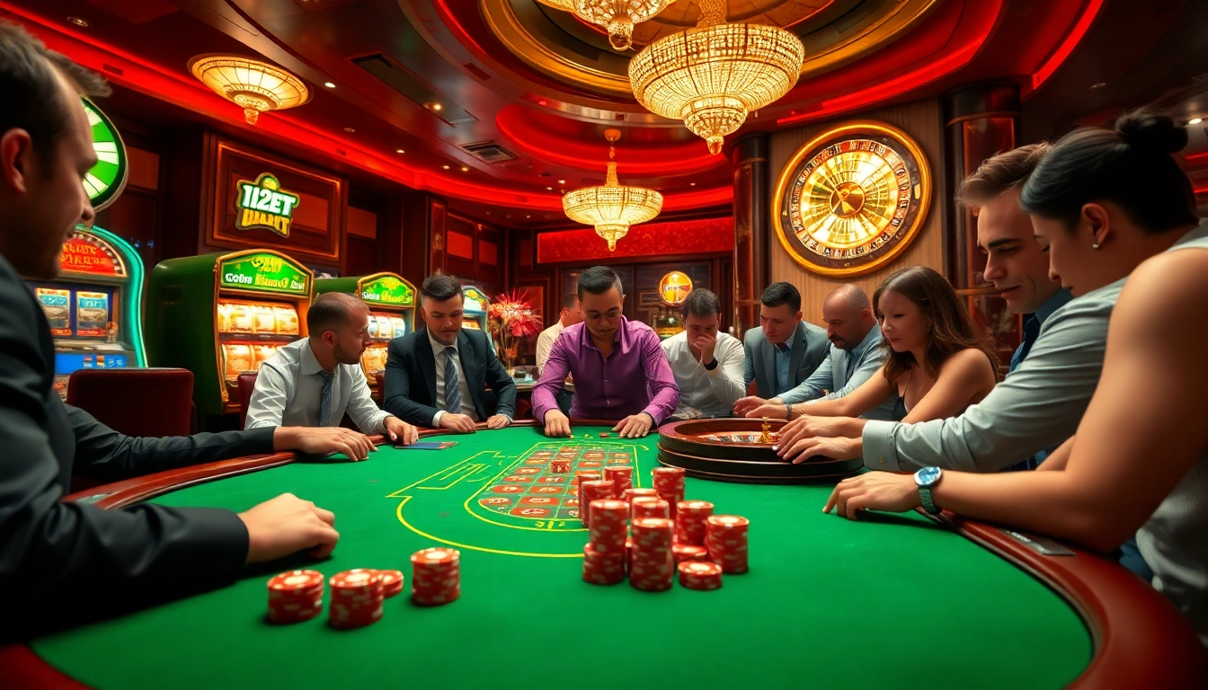 Players enjoying thrilling games at the 12bet casino, showcasing excitement with chips and cards.