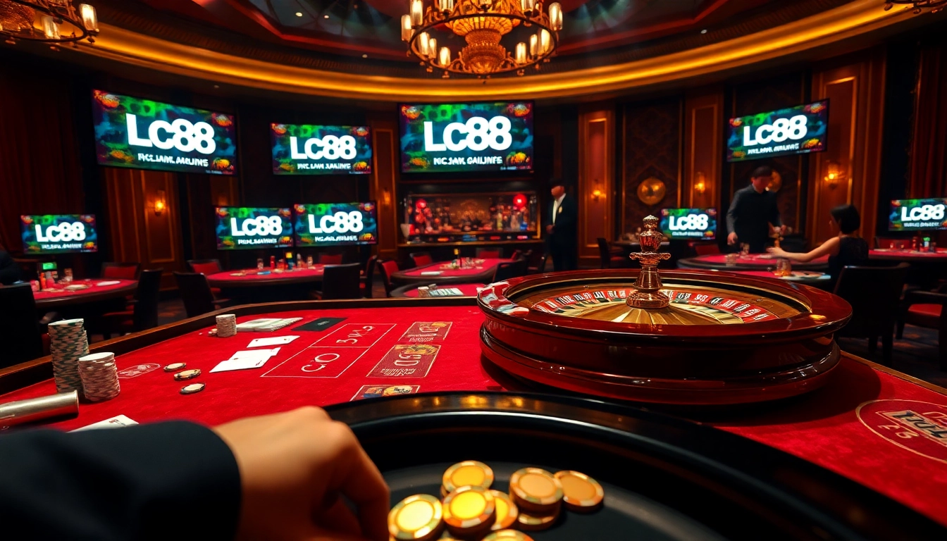 Experience thrilling high-stakes play at Lc88 casino with vibrant chips and cards on the table.