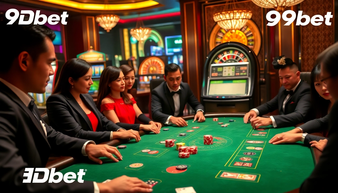 Players enjoying a high-stakes poker game at 9Dbet, surrounded by vibrant casino elements.