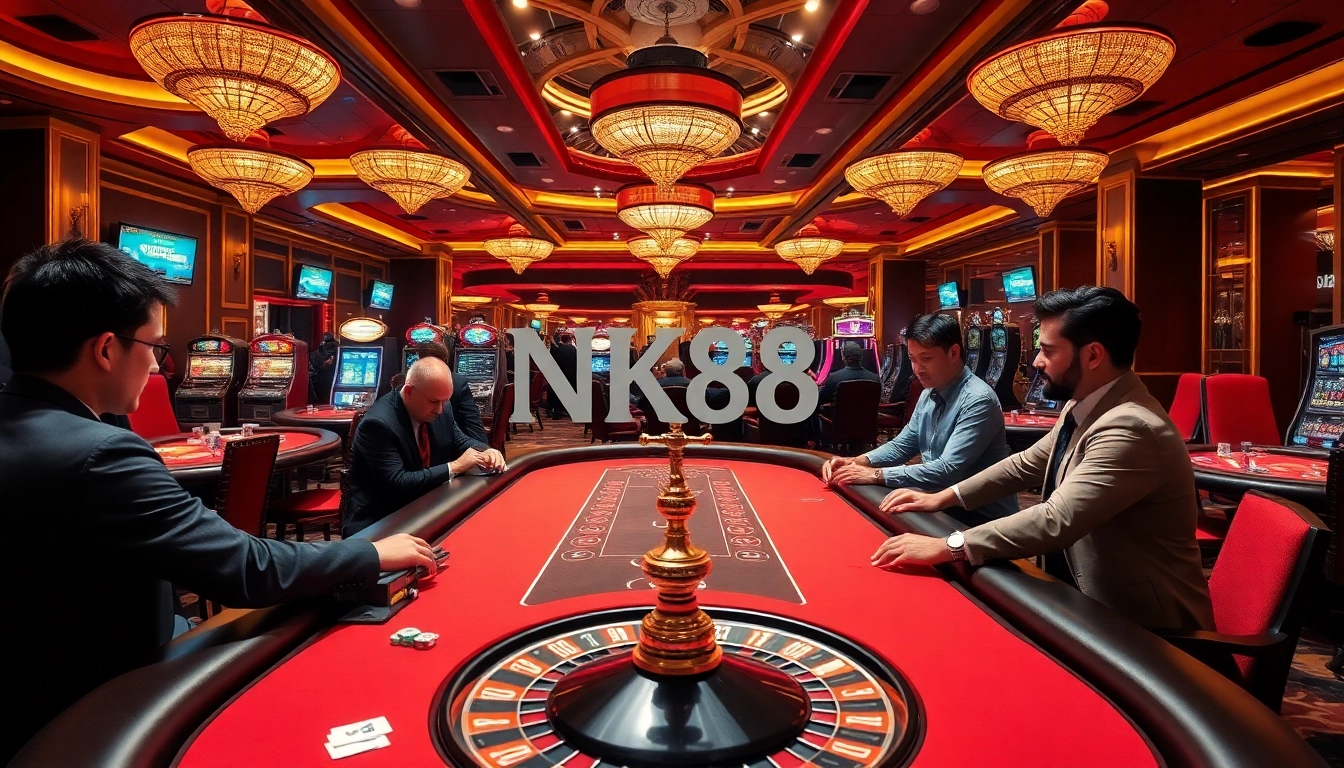 Gambling scene showcasing NK88's vibrant atmosphere with players at tables and slot machines.
