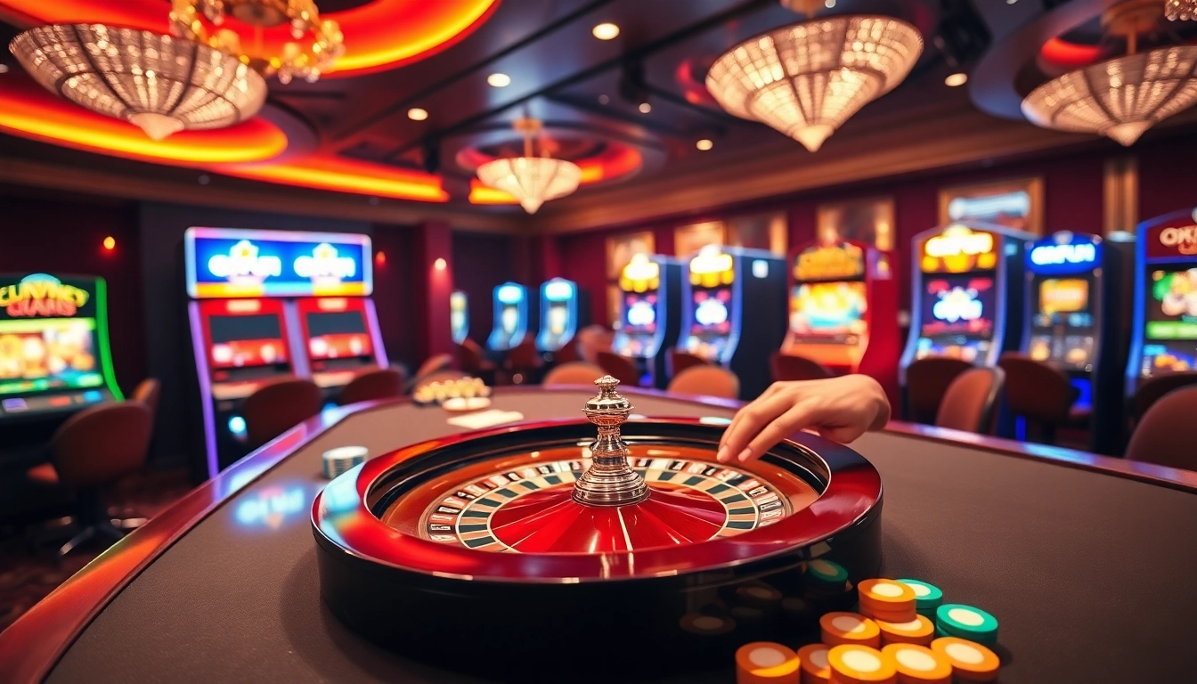 Experience the excitement of betting at OKFUN's luxurious casino tables with roulette and poker chips.