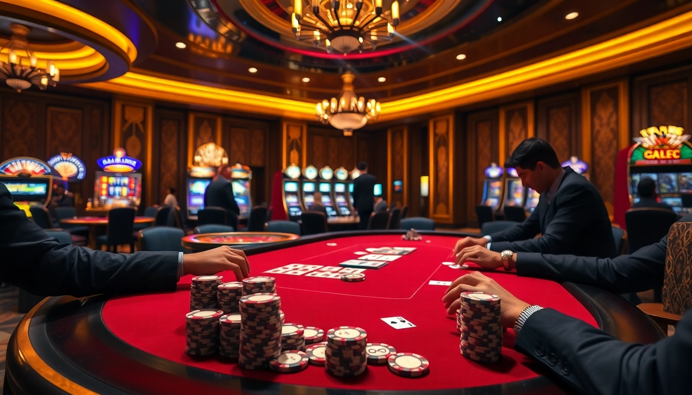 Engaging in high-stakes poker at RAJABARONG with vibrant chips and a roulette wheel.