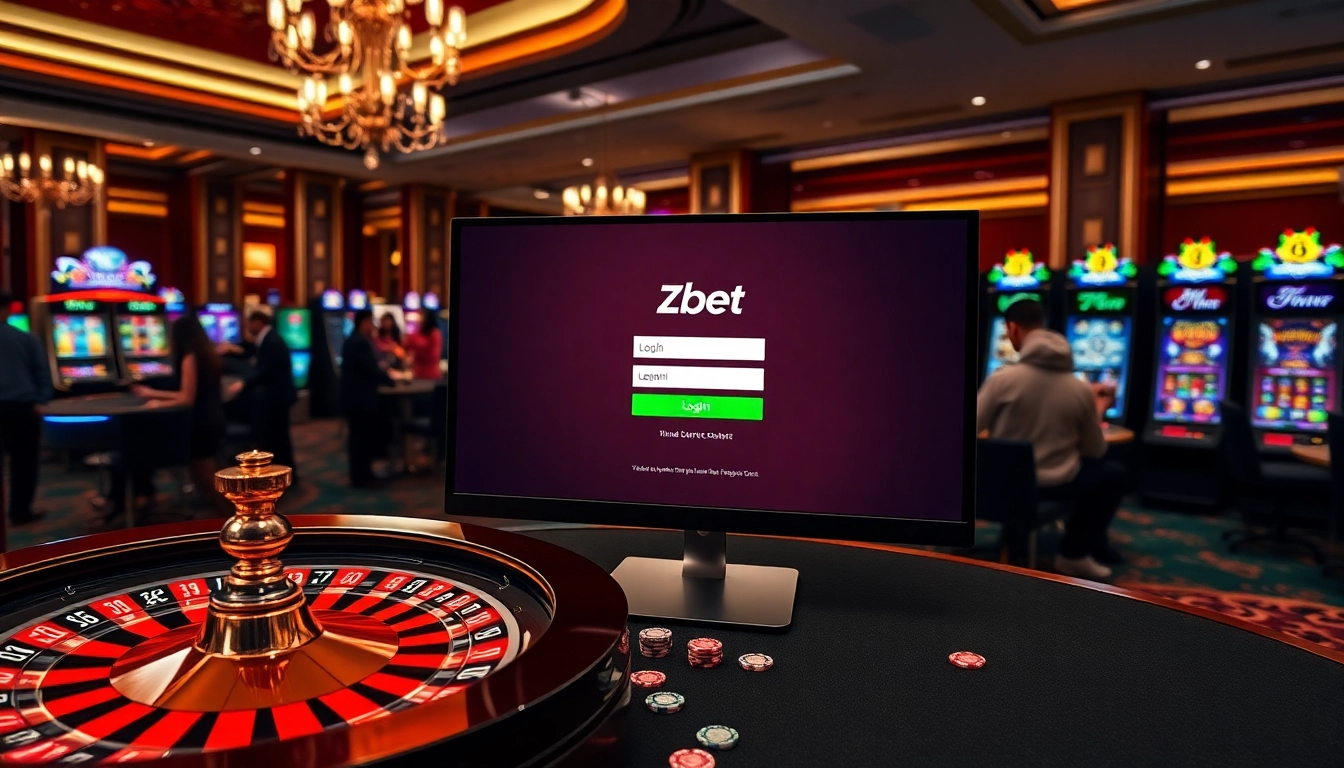 Zbet đăng nhập on a virtual casino interface with vibrant slot machines and poker excitement.