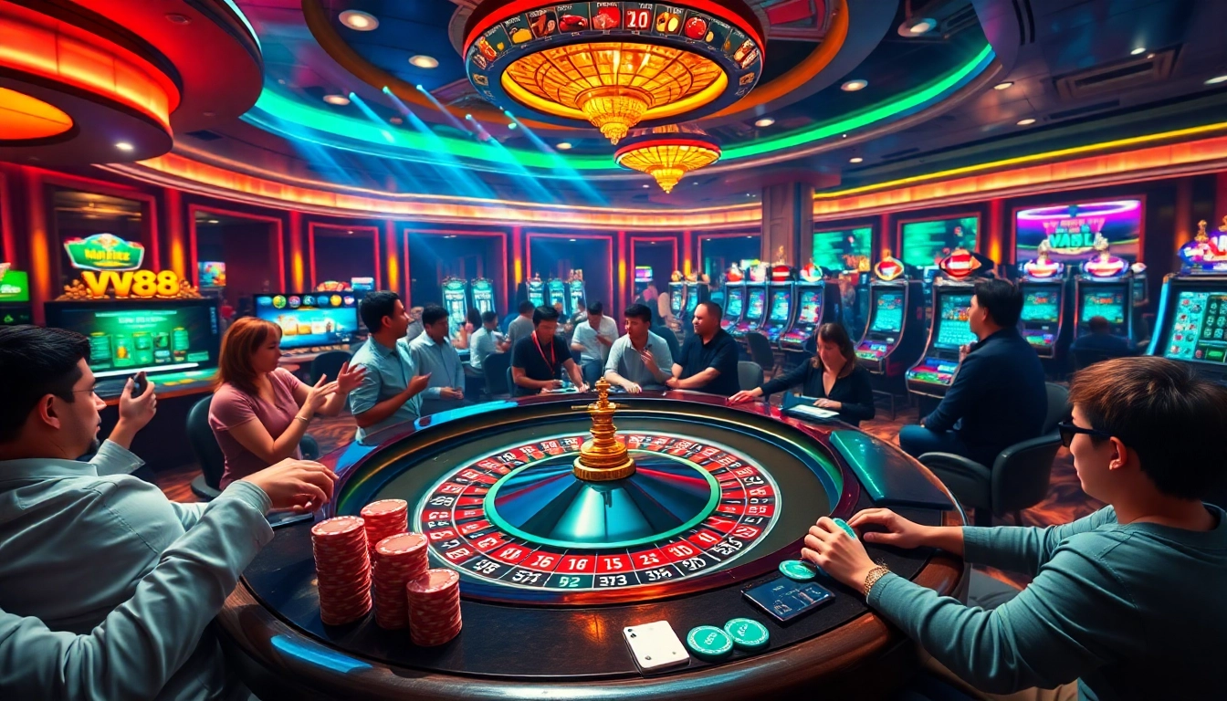 Engaging visuals of casino excitement at vn88 with poker chips, roulette, and players.