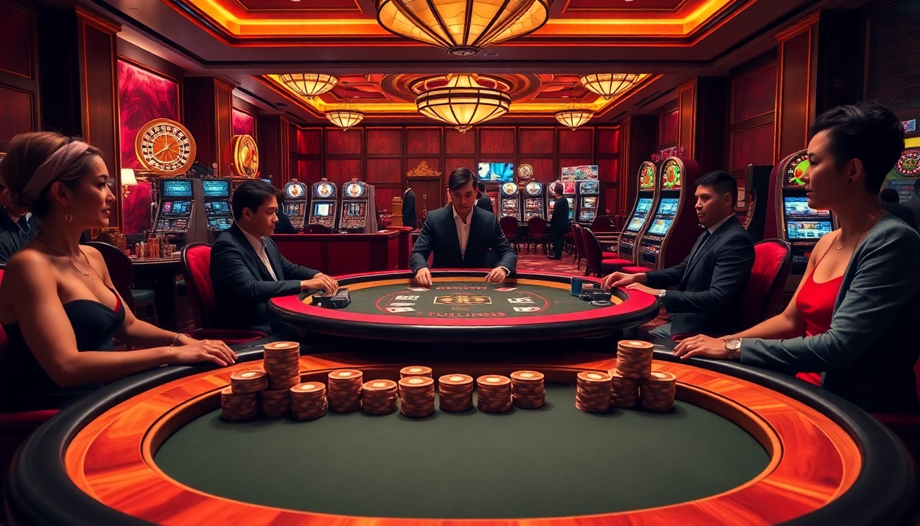 Excited gamblers at HM88 poker table with luxurious ambiance and vibrant casino elements.