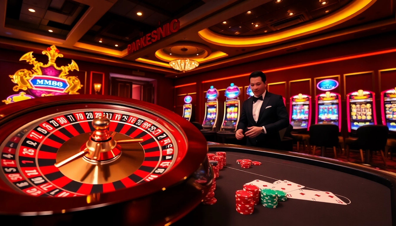 Experience thrilling gameplay at MM88 with a luxurious casino scene featuring roulette, cards, and slot machines.