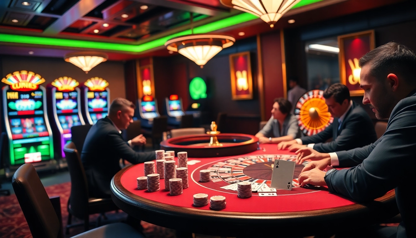 Engaging poker players at nhà cái u888's luxury casino tables with vibrant colors and ambiance.