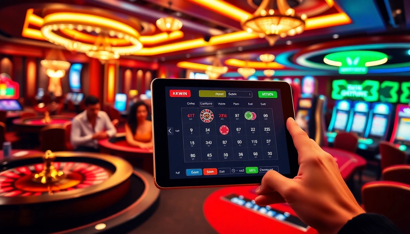 A dynamic casino scene representing https://kkwin.co.com/ showcasing luxurious gaming tables and excitement.