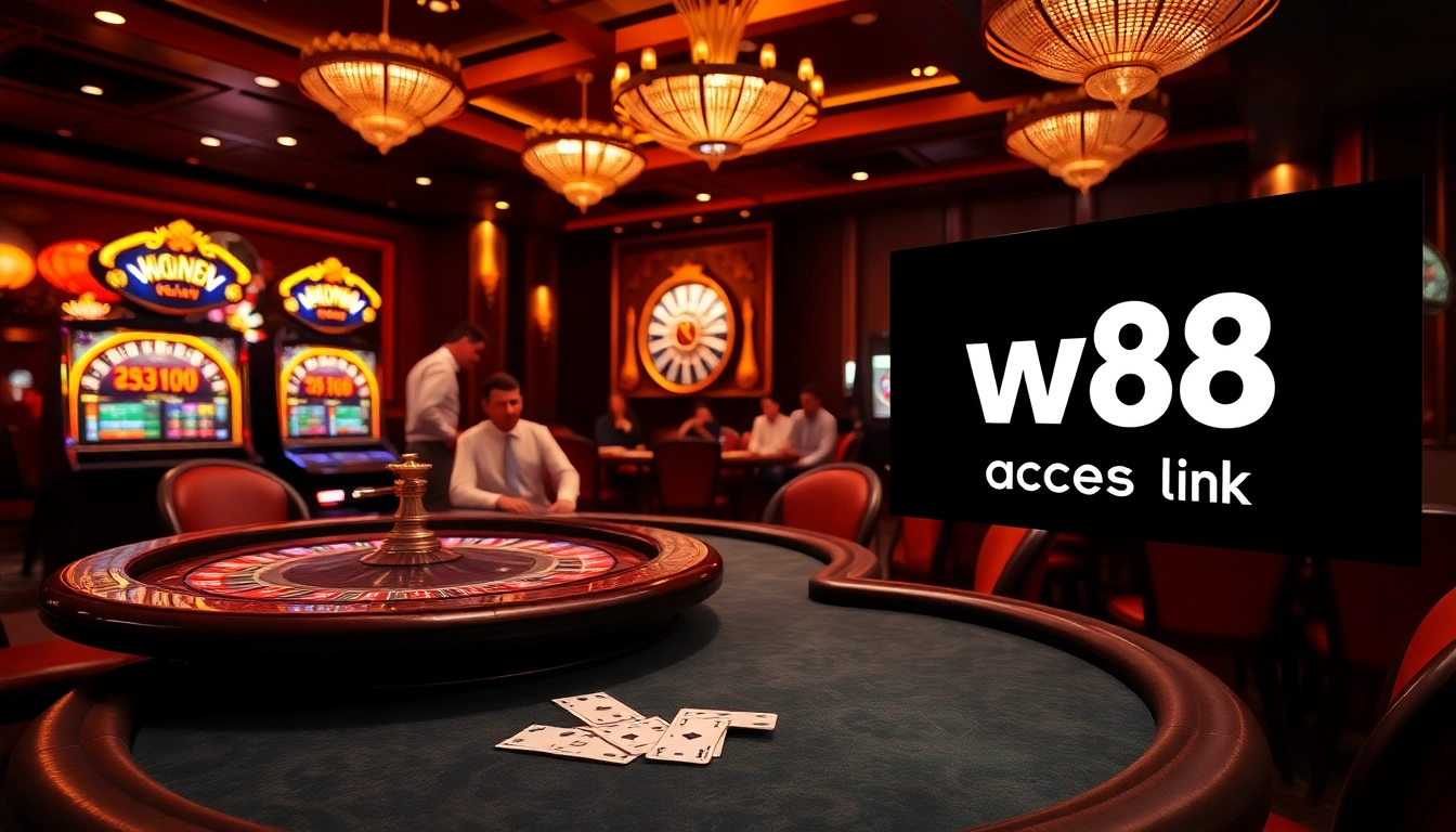 Thu hút người chơi tại một cảnh casino sang trọng, với liên kết truy cập W88 được hiển thị nổi bật trên màn hình.