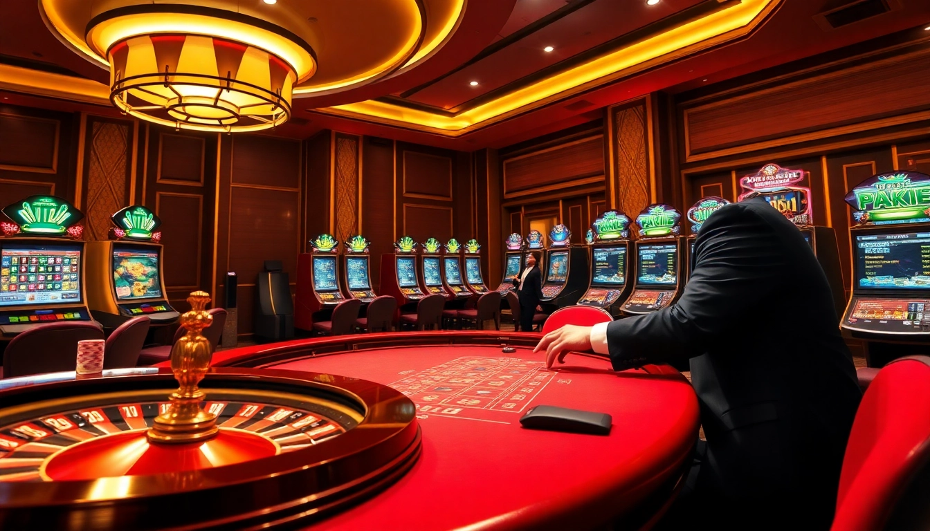Players engaging in thrilling games at Nhà cái xx88, showcasing excitement in a lavish casino setting.